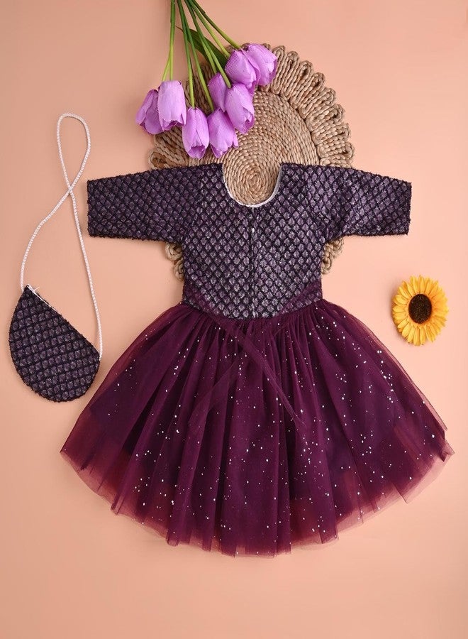FIRST DREAM stylishbaby Baby Girl Full Sleeves Ruffle Trim Star Sequin Embellished Tutu Dress Maroon 12-18M - Image 2