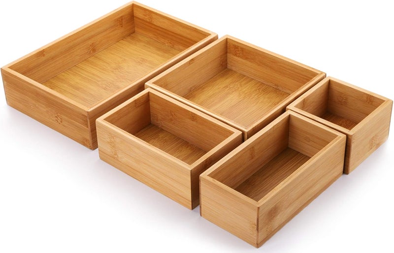 Lawei Set of 5 Bamboo Drawer Organizer Boxes, Desk Storage Box Kit, Drawer Storage Containers Tray Bins for Office, Kitchen, Bedroom, Children Room, Craft, Sewing - Image 1