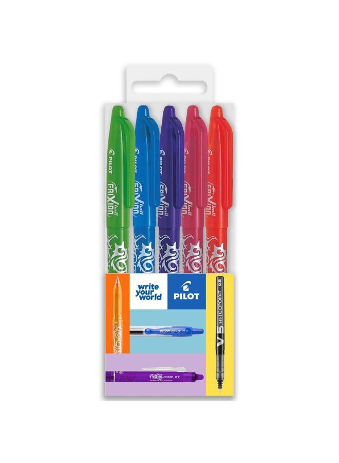 PILOT Frixion Heat/Friction Erasable Rollerball Pen FR7 - Medium Line 0.7mm Tip Nib - Floral Wallet Pack of 5 - Lime Green, Light Blue, Violet, Pink & Orange  - Image 1