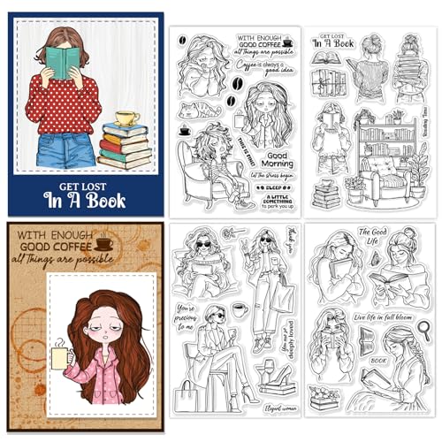 CHGCRAFT 4 Sheets 4 Styles Women Clear Stamps Reading Transparent Stamps Daily Silicone Clear Stamp Seals for DIY Scrapbooking Photo Album Decoration 4363 inch - Image 1