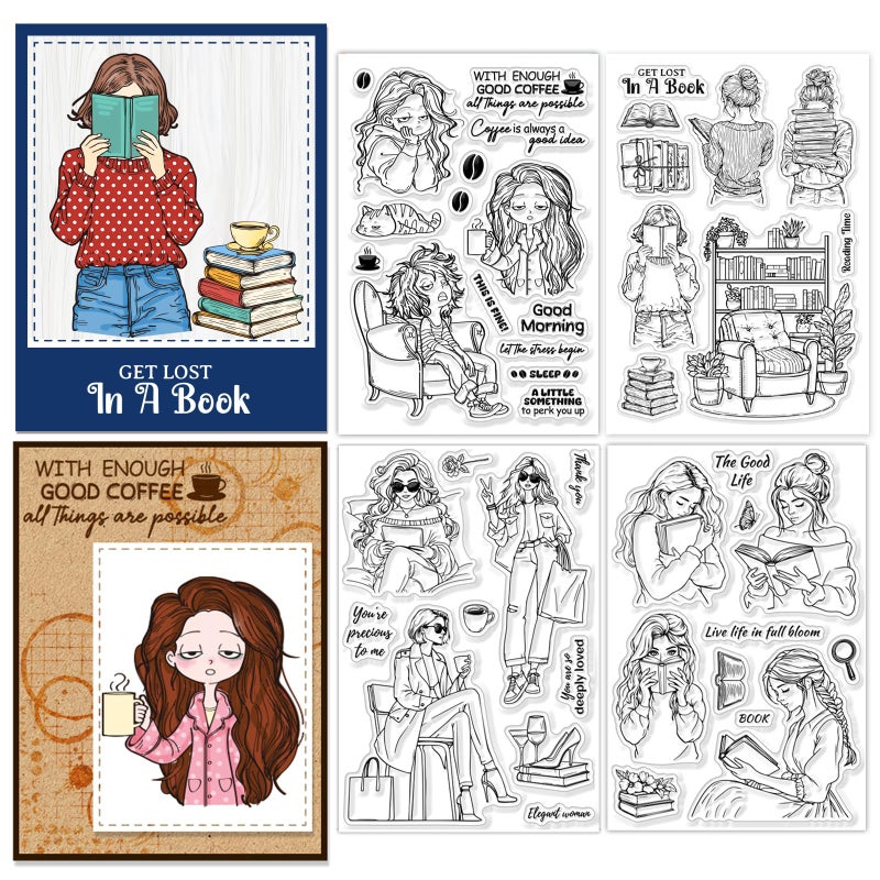 CHGCRAFT 4 Sheets 4 Styles Women Clear Stamps Reading Transparent Stamps Daily Silicone Clear Stamp Seals for DIY Scrapbooking Photo Album Decoration 4363 inch - Image 3