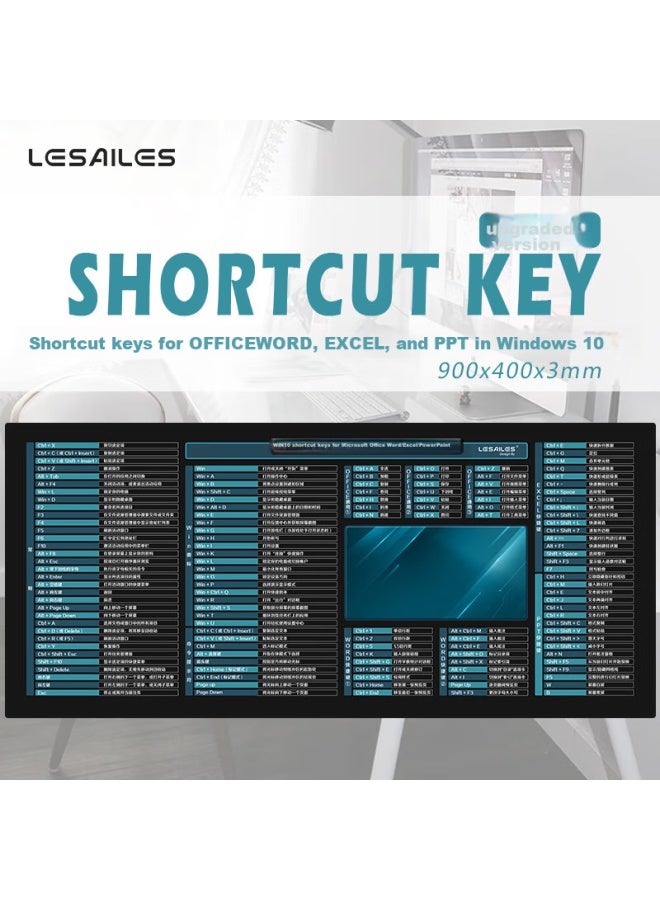 Lesailes Feidun Lesailes Office+win10 Shortcut Mouse Pad Large Size, Office Computer Keyboard Desk Pad, Blue And Black, 900*400*3 - Image 1