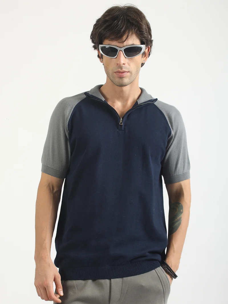 مانياك Maniac Mens Colorblock High Neck Raglan Half Sleeve Navy and Grey Cotton Polo Tshirt