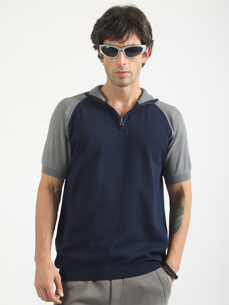 Maniac Mens colorblock high neck raglan half sleeve navy and grey cotton polo tshirt - Image 1