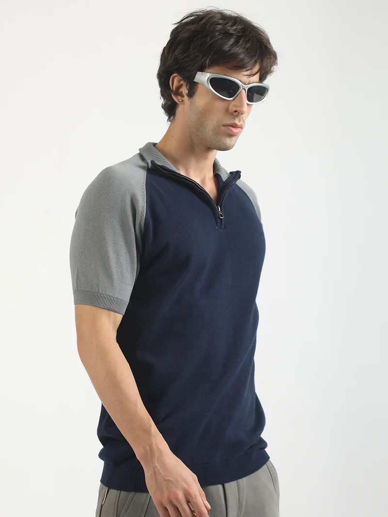 Maniac  Maniac Mens colorblock high neck raglan half sleeve navy and grey cotton polo tshirt for Men | Best Price UAE