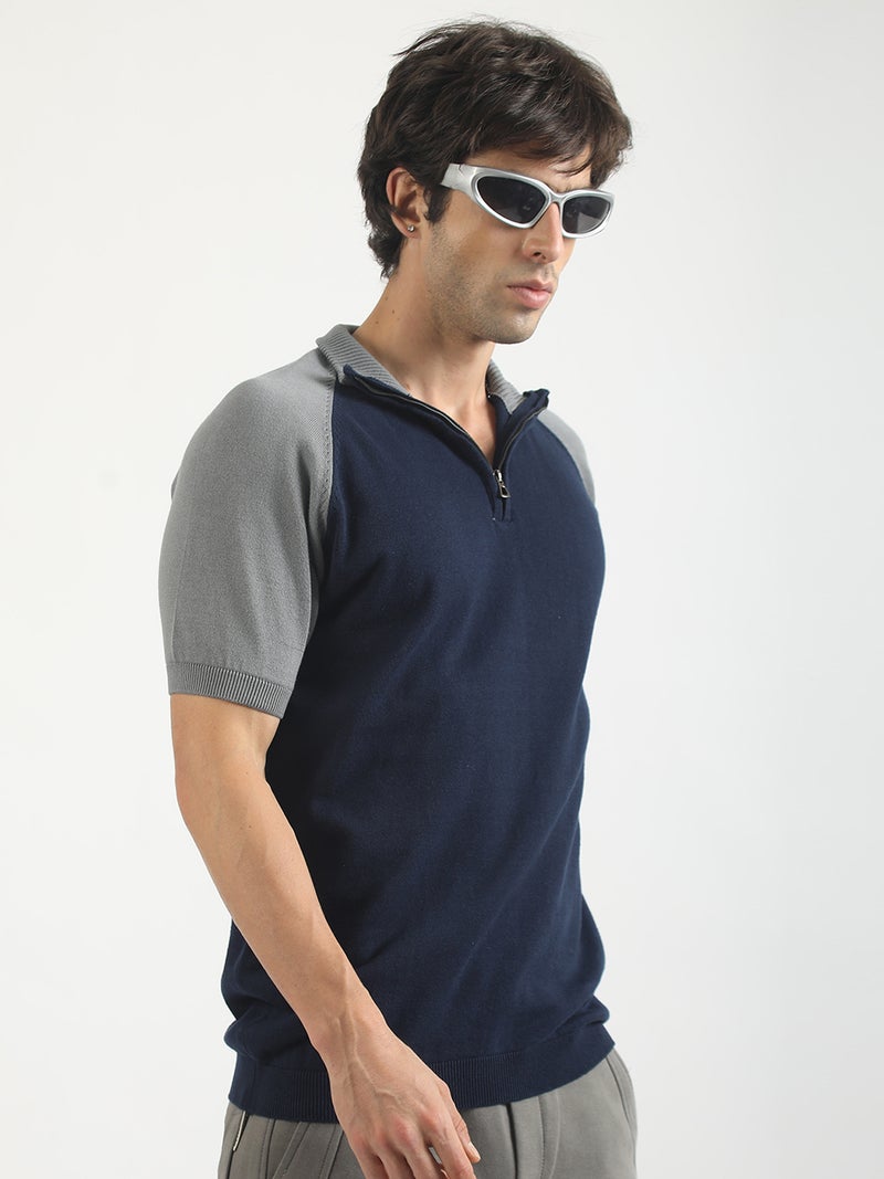 Maniac Mens colorblock high neck raglan half sleeve navy and grey cotton polo tshirt - Image 3