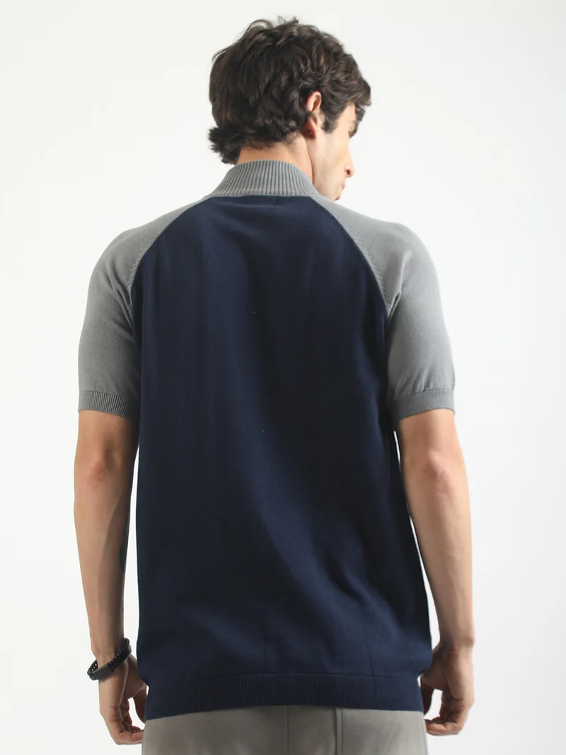 Maniac  Maniac Mens colorblock high neck raglan half sleeve navy and grey cotton polo tshirt for Men | Best Price UAE