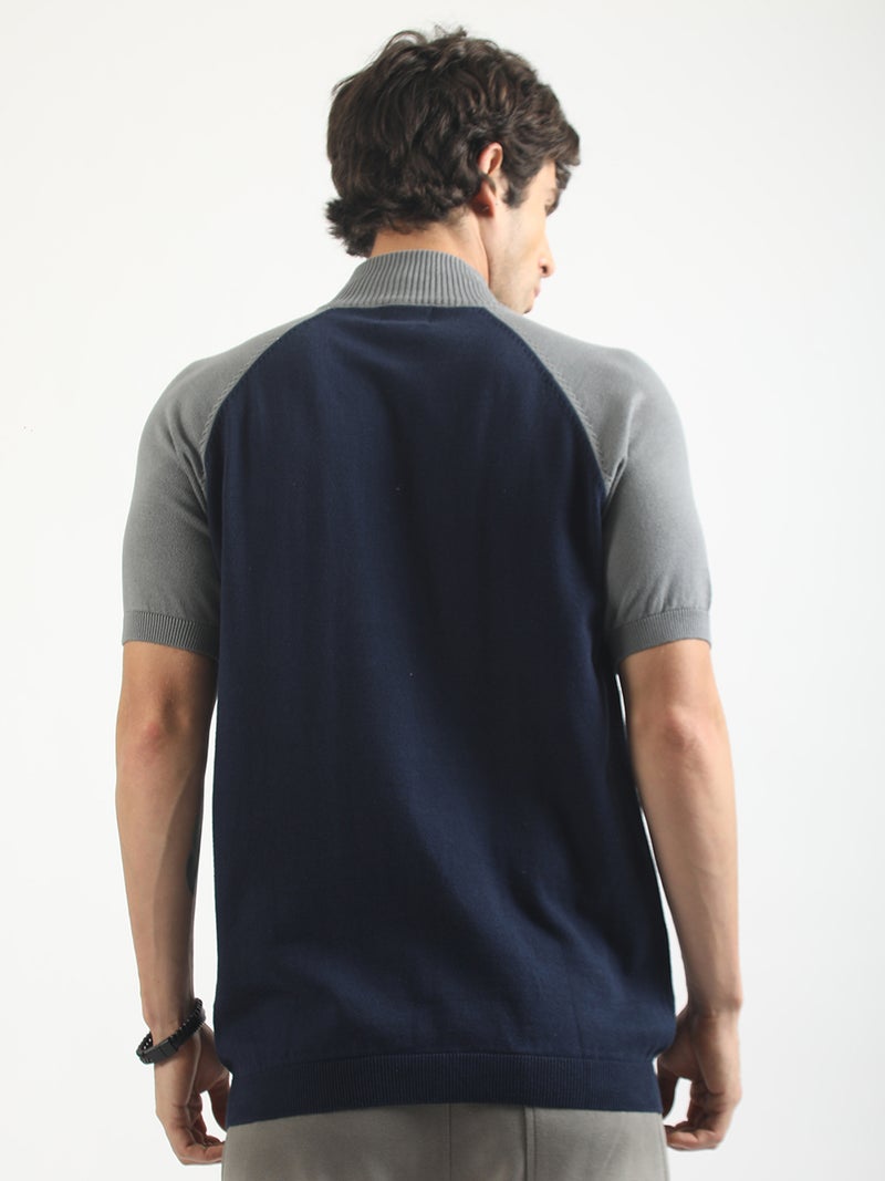 Maniac Mens colorblock high neck raglan half sleeve navy and grey cotton polo tshirt - Image 5