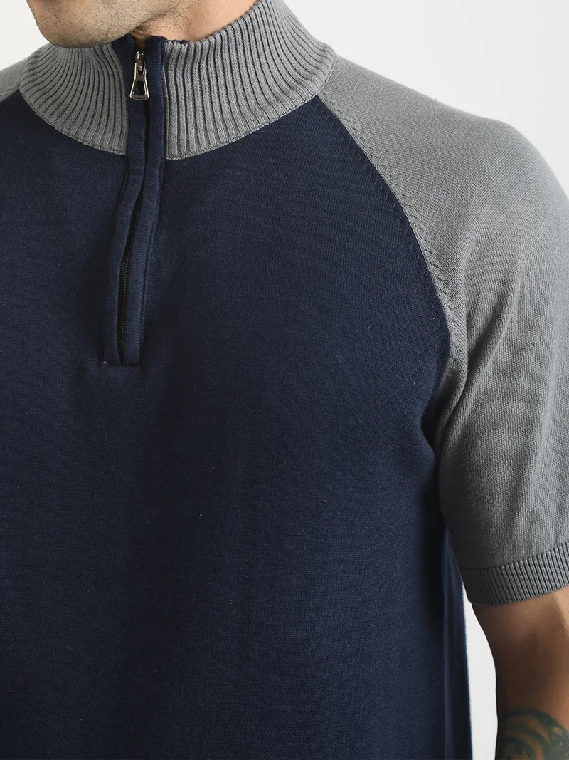 Maniac  Maniac Mens colorblock high neck raglan half sleeve navy and grey cotton polo tshirt for Men | Best Price UAE