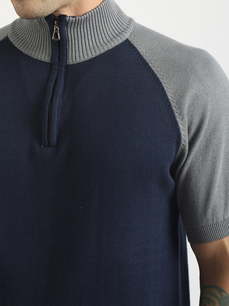 Maniac Mens colorblock high neck raglan half sleeve navy and grey cotton polo tshirt - Image 4