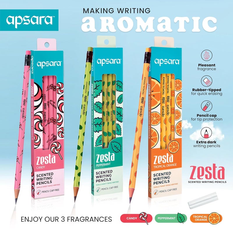 Apsara Apsara Zesta Scented Pencils Tropical Orange Candy Peppermint 3 Unique Fragrances Eraser Attached Pencil Cap Included Pack of 36 - Image 2