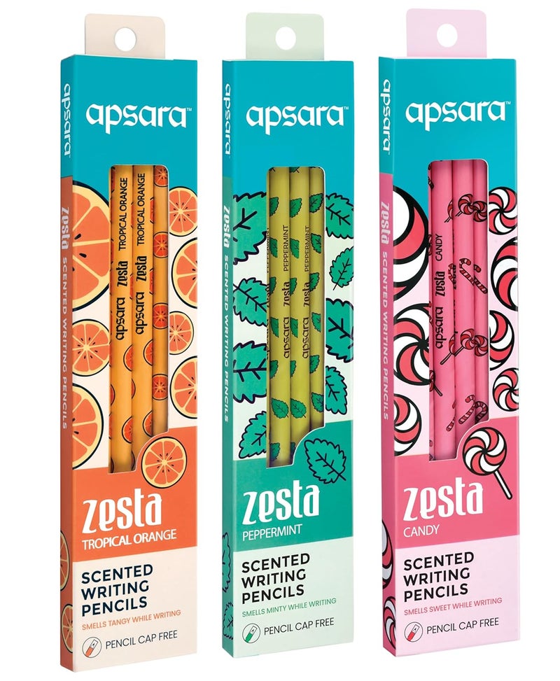 Apsara Apsara Zesta Scented Pencils Tropical Orange Candy Peppermint 3 Unique Fragrances Eraser Attached Pencil Cap Included Pack of 36 - Image 1