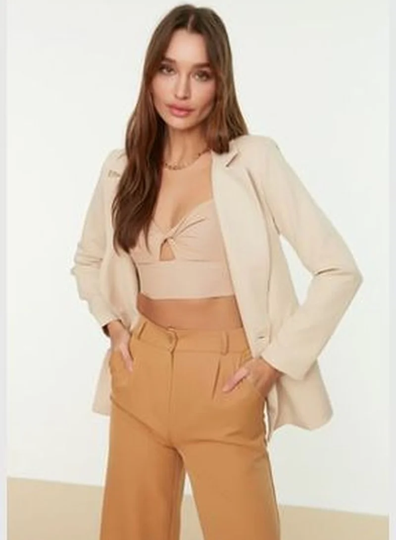 trendyol Beige Regular Lined Double Breasted Blazer with Closure TWOSS21CE0107