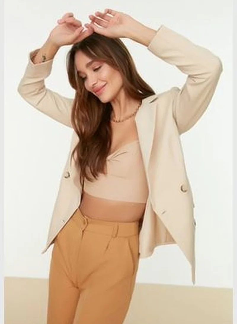 trendyol Beige Regular Lined Double Breasted Blazer with Closure TWOSS21CE0107