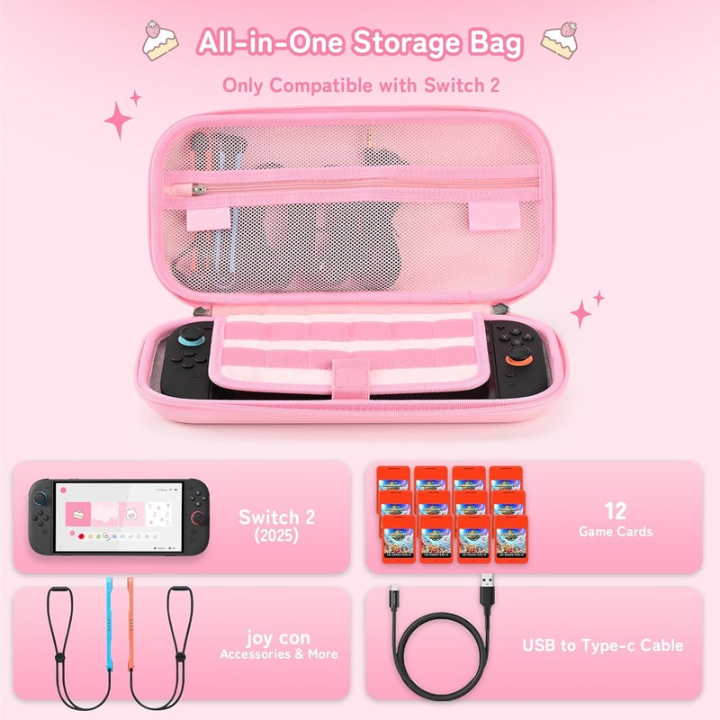 Kuitmor Carrying Case Compatible with Switch 2 (2025) 7.9 Inch, Hard-Shell Slim Travel Case with 12 Game Card Slots for Switch 2 Console and Accessories, Candy Party (Pink) - Image 2