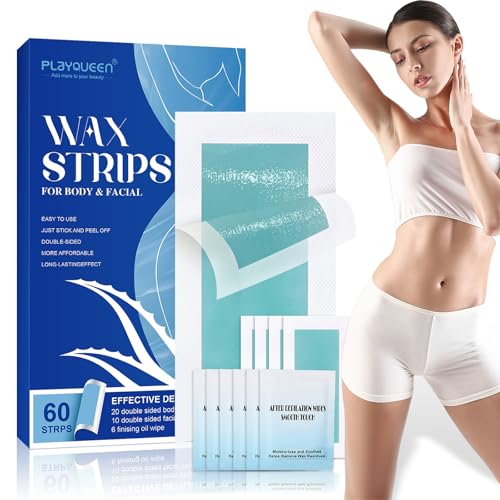 PLAYQUEEN Wax Strips for Hair Removal, 60 Count - 40 for the Body, 20 for the Face, 6 Big Oil Wipes,Waxing Strips for Women & Men,Hair Remover Wax Kit for Face, Legs, Arms, Armpits, Bikini - Image 1