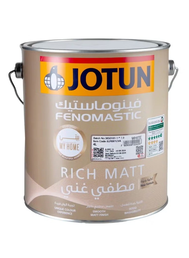 جوتن فينوماتيك منزلي مات غني 4 لتر أبيض – طلاء أكريليك Emulsion عالي الجودة، قابل للغسل للداخلية