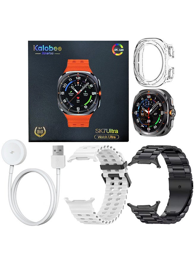 Kalobee حزمة ساعة SK7 الذكية الفائقة مع الملحقات بما في ذلك 1 حزام من الفولاذ المقاوم للصدأ الأسود 1 حزام سيليكون أبيض وكابل شحن وحافظة واقية من TPU - Image 4