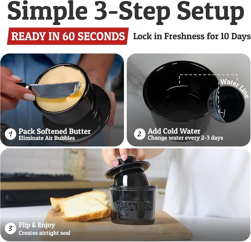 Priority Chef PriorityChef Butter Crock with Lid with Water Line, Ceramic French Butter Dish to Leave On Counter, Black - Image 3