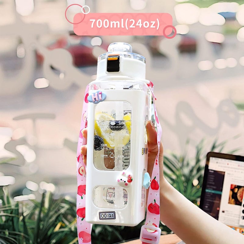 fufeisi Kawaii Water Bottle for Girls,Cute Kids Water Bottles with Straw,700ml Portable LeakProof Water Bottles With Adjustable Shoulder Strap for School (White) - Image 4