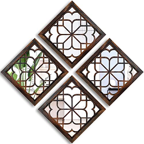 Wocred Set of 4 Mirrors Square Wall Mirror,Gorgeous Rustic Farmhouse Accent Mirror,Caramel Color Entry Mirror for Bathroom Renovation,Bedrooms,Living Rooms and More (12”x12”4pcs) - Image 1