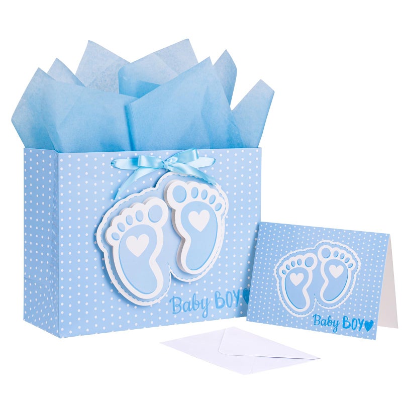 LeZakaa 13" Blue Gift Bags with Tissue Paper, Gift Card, Foot Print & Baby Boy Lettering Design for Baby Shower, Little One, 1st Baby Boys' Birthday - Image 1
