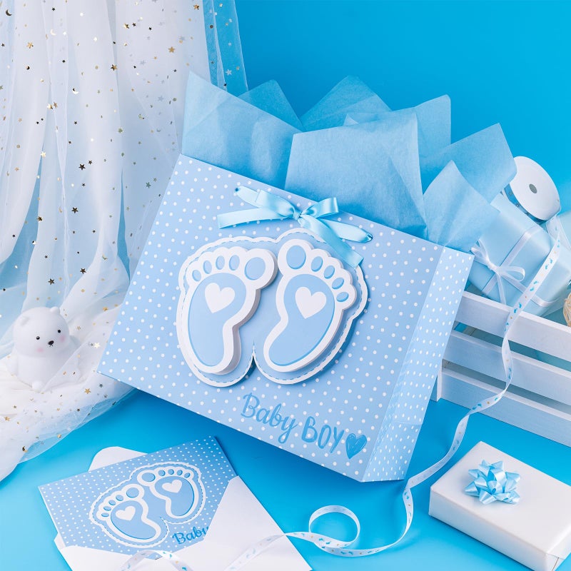 LeZakaa 13" Blue Gift Bags with Tissue Paper, Gift Card, Foot Print & Baby Boy Lettering Design for Baby Shower, Little One, 1st Baby Boys' Birthday - Image 3