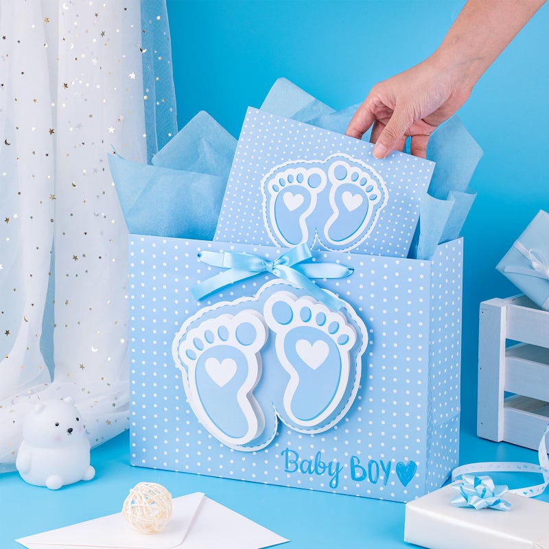 LeZakaa 13" Blue Gift Bags with Tissue Paper, Gift Card, Foot Print & Baby Boy Lettering Design for Baby Shower, Little One, 1st Baby Boys' Birthday - Image 5
