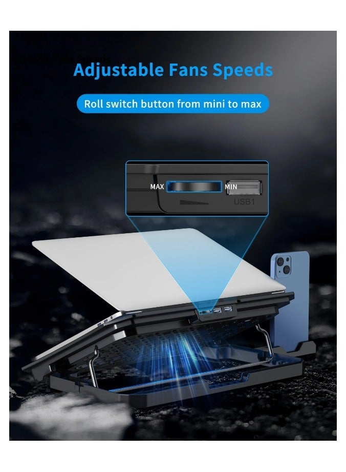 ICE COOREL Laptop Cooling Pad with 6 Quiet Fans and Phone Holder for 12-18 Inch Gaming and Work Laptops, Adjustable Height Stand, 2 USB Ports, Blue LED, Ergonomic Design for Home Office and Daily Use - Image 4