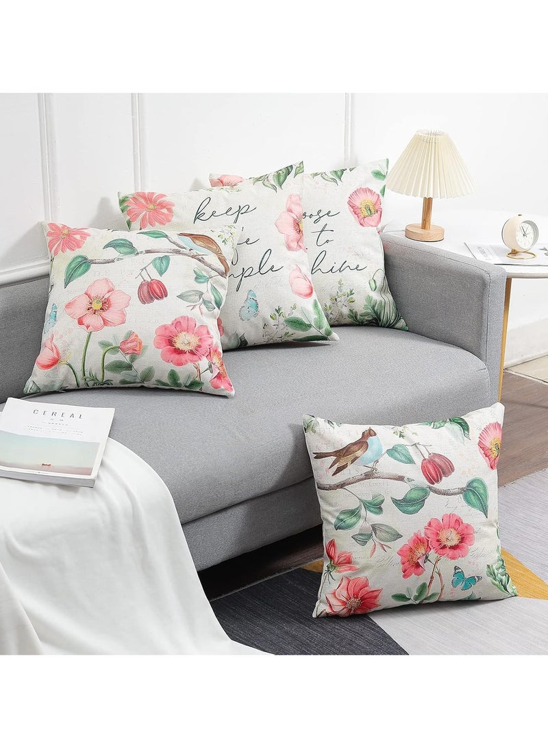 Cushion covers, 4-piece set of spring floral cushion covers with linen decoration, suitable for sofas, living rooms and outdoor use (45 x 45 cm) - Image 2