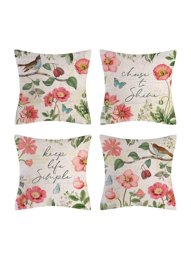 Cushion covers, 4-piece set of spring floral cushion covers with linen decoration, suitable for sofas, living rooms and outdoor use (45 x 45 cm) - Image 1