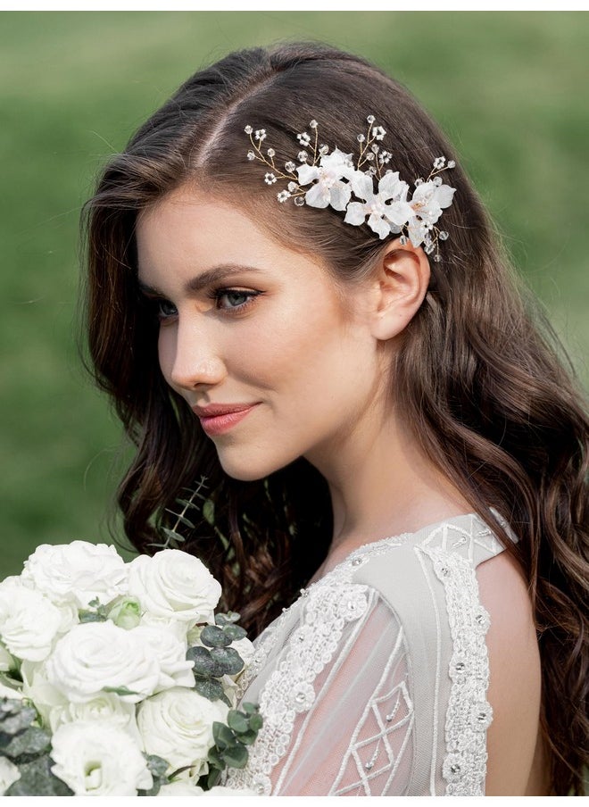 SWEETV 3Pcs Bridal Hair Pins White Flower Bride Hair Pieces Wedding Hair Side Combs Floral Headpieces Accessories Fall Beach Clip For Brides Bridesmaids Women Girls  - Image 3