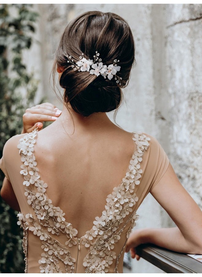 SWEETV 3Pcs Bridal Hair Pins White Flower Bride Hair Pieces Wedding Hair Side Combs Floral Headpieces Accessories Fall Beach Clip For Brides Bridesmaids Women Girls  - Image 4