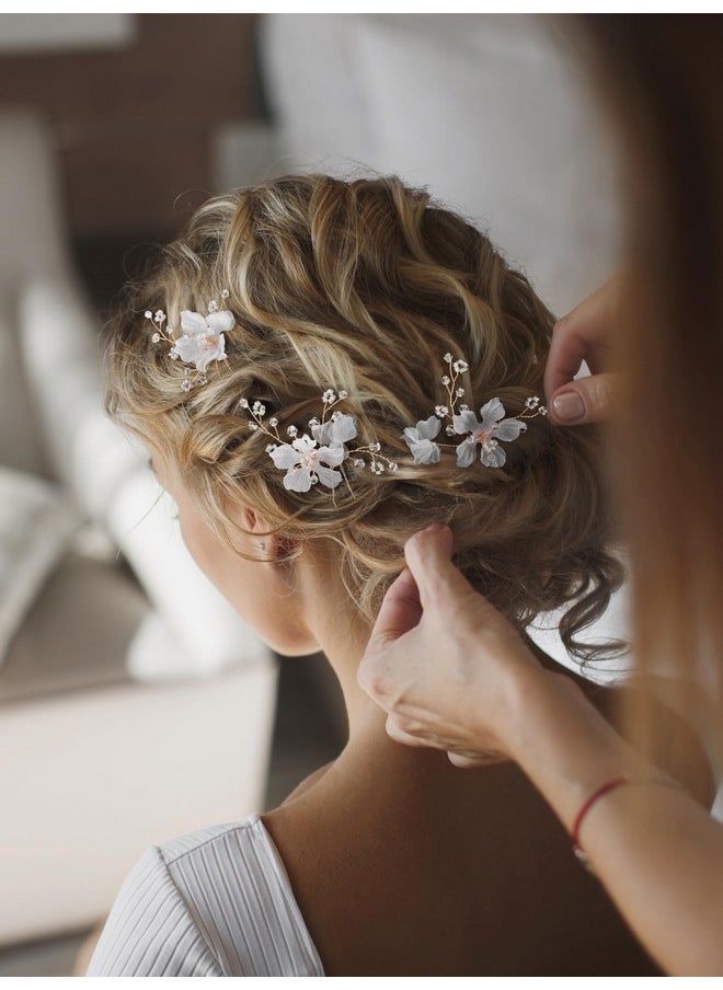 SWEETV 3Pcs Bridal Hair Pins White Flower Bride Hair Pieces Wedding Hair Side Combs Floral Headpieces Accessories Fall Beach Clip For Brides Bridesmaids Women Girls  - Image 2