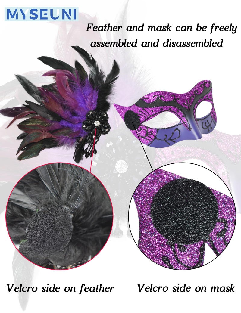 MYSEUNI 2025 New Purple Masquerade Mask with Feather Couple - Womens and Mens Party Masks for Adults Masquerade - Women Costume Mask for Mardi Gras, Cosplay Party - Image 5