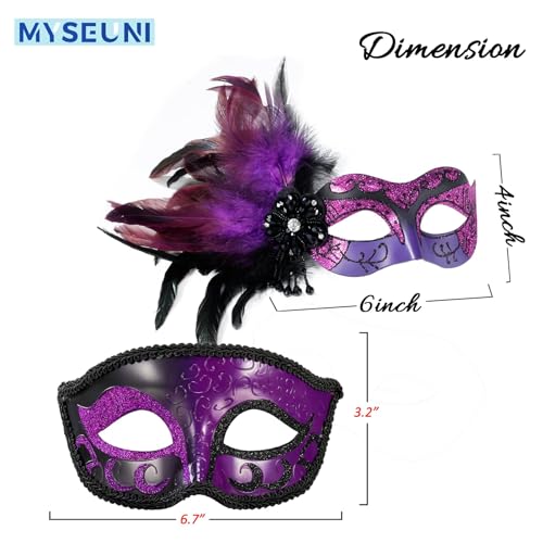MYSEUNI 2025 New Purple Masquerade Mask with Feather Couple - Womens and Mens Party Masks for Adults Masquerade - Women Costume Mask for Mardi Gras, Cosplay Party - Image 4