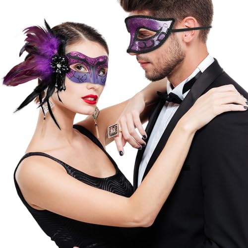 MYSEUNI 2025 New Purple Masquerade Mask with Feather Couple - Womens and Mens Party Masks for Adults Masquerade - Women Costume Mask for Mardi Gras, Cosplay Party - Image 2