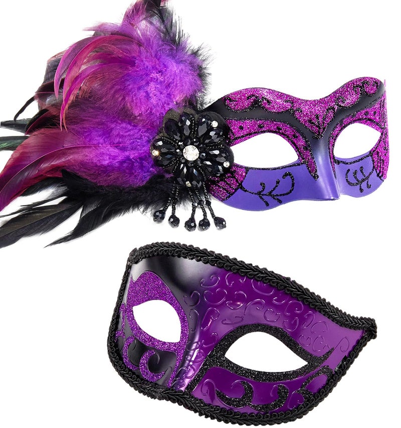 MYSEUNI 2025 New Purple Masquerade Mask with Feather Couple - Womens and Mens Party Masks for Adults Masquerade - Women Costume Mask for Mardi Gras, Cosplay Party - Image 1