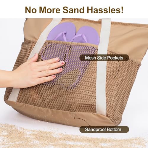 F-color Waterproof Beach Bag for Women - 8 Pockets Foldable Beach Bag Tote with Sandproof Side Mesh Bag, Carry on Tote Bag with Zipper for Travel Pool Swim Cruise Vacation Essentials, Khaki - Image 5