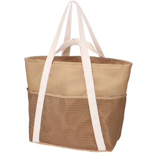 F-color Waterproof Beach Bag for Women - 8 Pockets Foldable Beach Bag Tote with Sandproof Side Mesh Bag, Carry on Tote Bag with Zipper for Travel Pool Swim Cruise Vacation Essentials, Khaki - Image 1