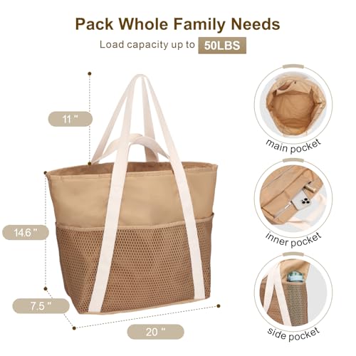 F-color Waterproof Beach Bag for Women - 8 Pockets Foldable Beach Bag Tote with Sandproof Side Mesh Bag, Carry on Tote Bag with Zipper for Travel Pool Swim Cruise Vacation Essentials, Khaki - Image 2