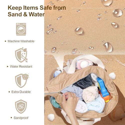 F-color Waterproof Beach Bag for Women - 8 Pockets Foldable Beach Bag Tote with Sandproof Side Mesh Bag, Carry on Tote Bag with Zipper for Travel Pool Swim Cruise Vacation Essentials, Khaki - Image 4