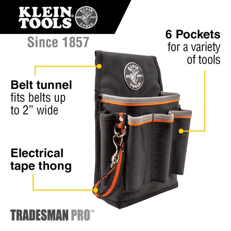 Klein Tools 5241 Tool Pouch, Tradesman Pro Tool Pouch with Electrical Tape Thong and Heavy Duty Reinforced Bottoms, 6-Pocket - Image 2