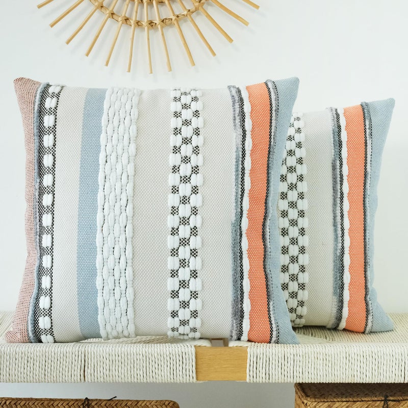 JOJUSIS Pack of 2 Boho Throw Pillow Covers Accent Striped Pillowcovers Farmhouse Decorative Cushion Case Home Decor 18 x 18 Inch Orange Blue - Image 1