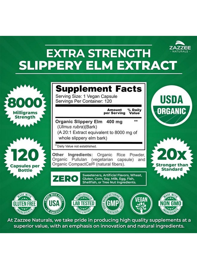 Zazzee USDA Organic Slippery Elm Bark 20:1 Extract, 8000 mg Strength, 120 Vegan Capsules, 4 Month Supply, Standardized, Concentrated 20X Extract, 100% Vegetarian, All-Natural, Non-GMO, Made in the USA - Image 3