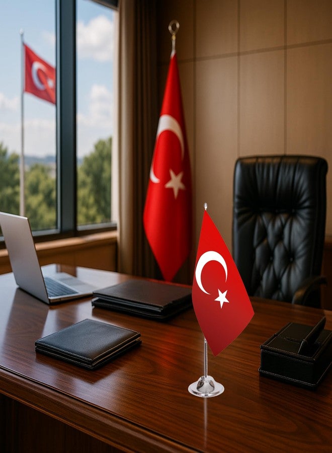 Asya Bayrak علم طاولة تركي 5.9 × 8.9 بوصة - علم مكتب تركي مع عمود كروم بطول 13 بوصة وقاعدة 3.07 بوصة - مطبوع بتقنية التسامي على الوجهين على قماش ساتان فاخر - ديكور داخلي للمكاتب والمنازل والمناسبات - Image 2