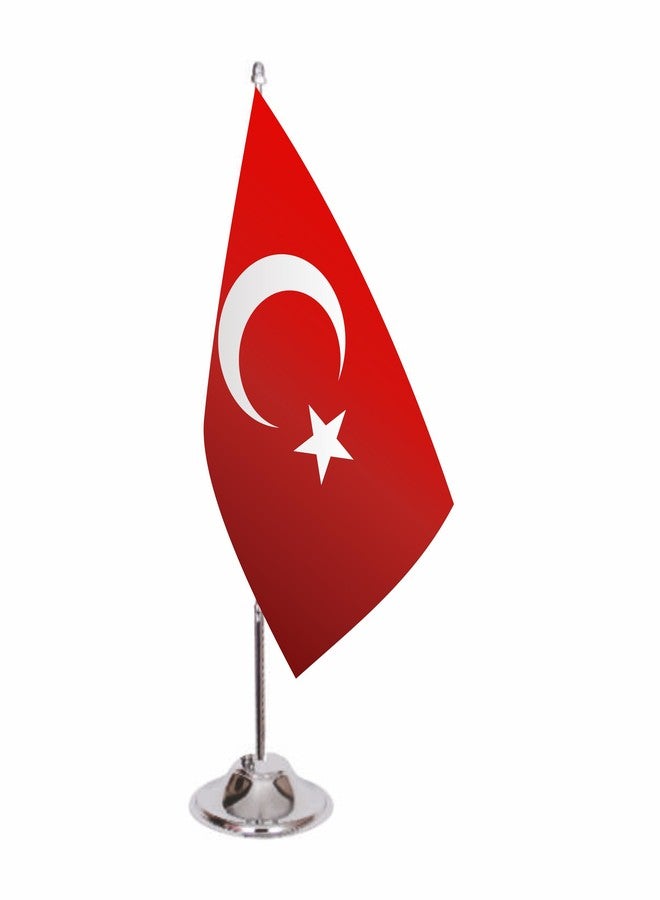 Asya Bayrak علم طاولة تركي 5.9 × 8.9 بوصة - علم مكتب تركي مع عمود كروم بطول 13 بوصة وقاعدة 3.07 بوصة - مطبوع بتقنية التسامي على الوجهين على قماش ساتان فاخر - ديكور داخلي للمكاتب والمنازل والمناسبات - Image 1