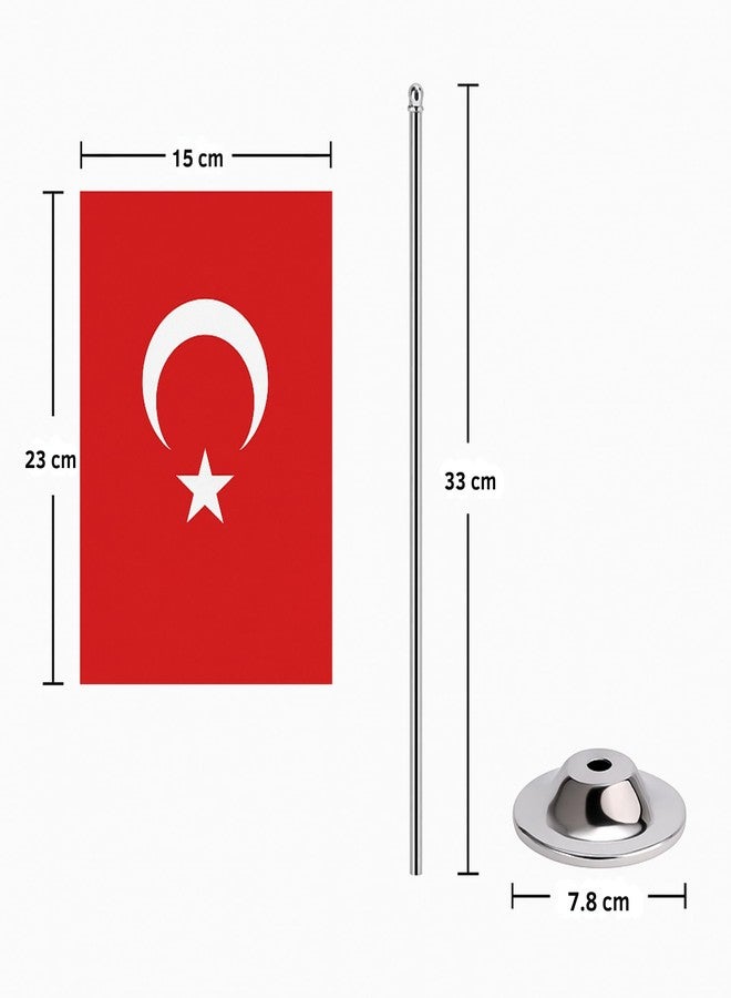 Asya Bayrak علم طاولة تركي 5.9 × 8.9 بوصة - علم مكتب تركي مع عمود كروم بطول 13 بوصة وقاعدة 3.07 بوصة - مطبوع بتقنية التسامي على الوجهين على قماش ساتان فاخر - ديكور داخلي للمكاتب والمنازل والمناسبات - Image 3