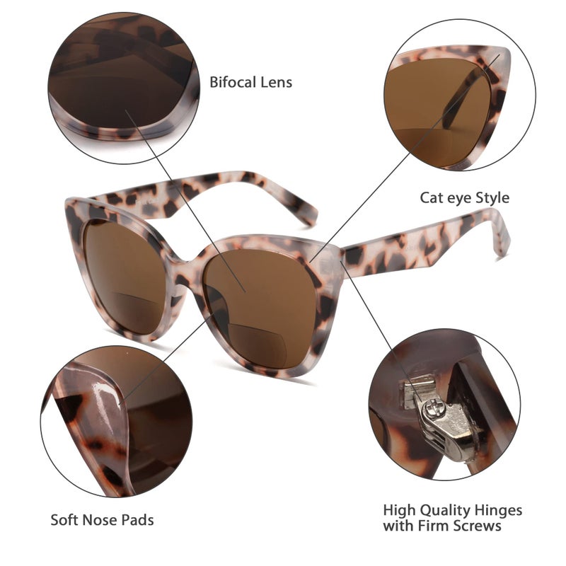 JM Classic Bifocal Reading Glasses Oversized Cateye Stylish Sunglasses Readers for Women Tortoise +1.5 - Image 5