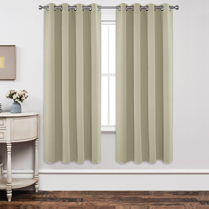 Joydeco Blackout Curtains 72 Inch Length 2 Panels Set Thermal Insulated Long Curtains Drapes 2 Burg Room Darkening Grommet Drapes for Living Room Bedroom Window W52 x L72 Inch Light Beige